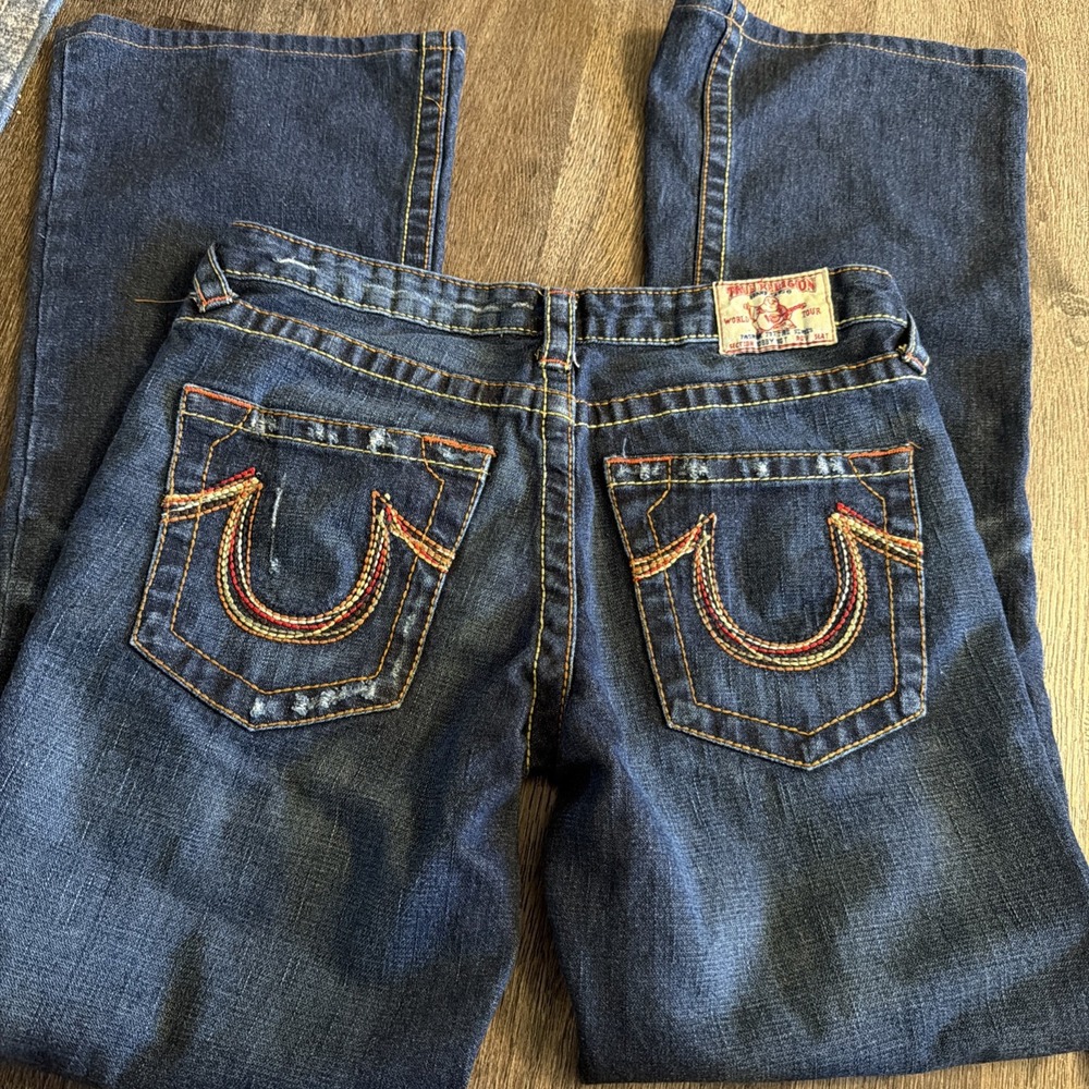 VTG True Religion Jeans Womens 30 Low Blue Denim Bootcut Made in USA Bobby Big T - Picture 1 of 4